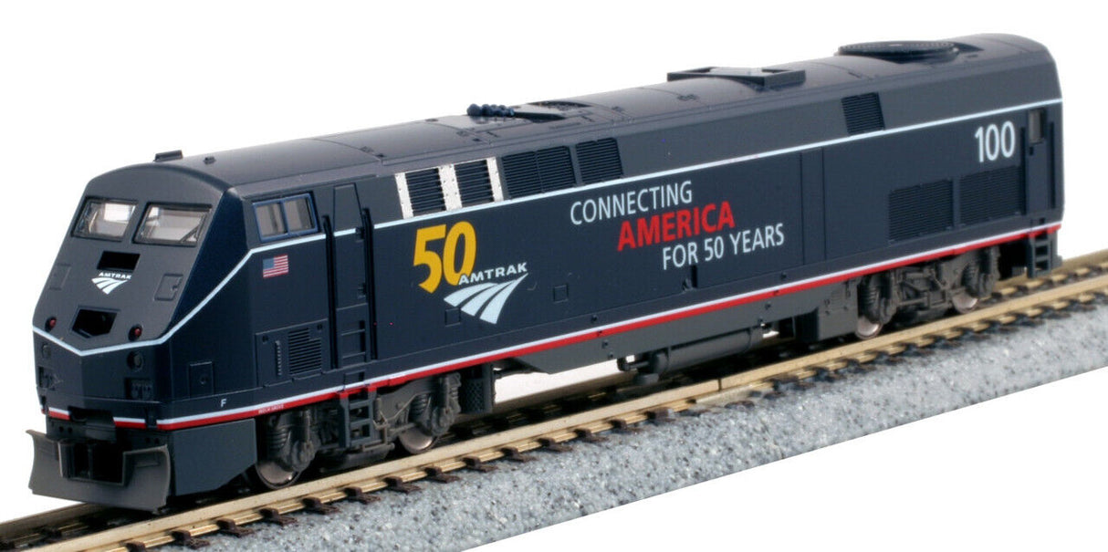 Kato GE P42 Genesis - W/SOUND -- Amtrak #100 (Midnight Blue, white, gold, 50th Anniversary Logo) - KAT1766035LS