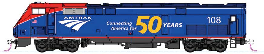 Kato GE P42 Genesis - Standard DC -- Amtrak #108 (Phase VI, blue, red, white, 50th Anniversary Logo) - KAT1766037