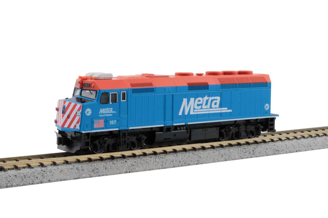 Kato N EMD F40PH Commuter Version - Standard DC -- Metra #157 City of Palatine (blue, red, white)