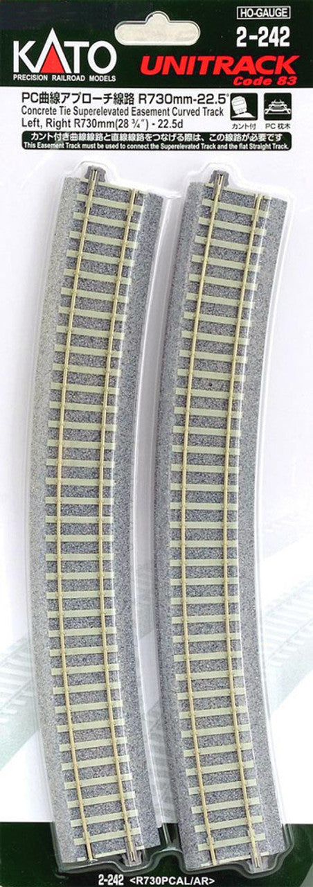 Kato Superelevated Easement Curve Track w/Concrete Ties - Unitrack -- 28-3/4" 730mm Radius, 22.5 Degree Sections, 1 Each Left & Right - KAT2242
