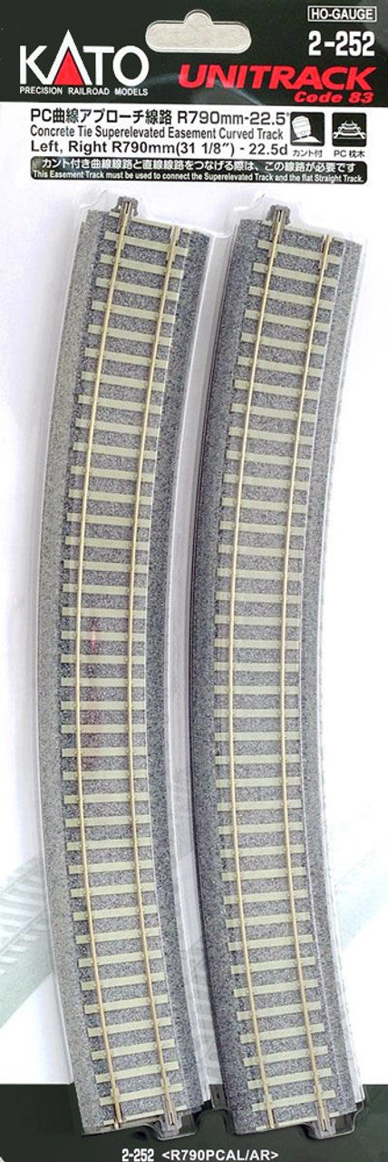 Kato Superelevated Easement Curve Track w/Concrete Ties - Unitrack -- 31-1/8" 790mm Radius, 22.5 Degree Sections, 1 Each Left & Right - KAT2252