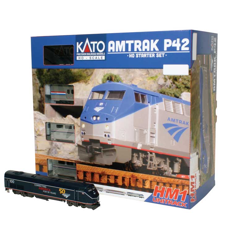 Kato HO Amtrak P42 Superliner Starter Set - Standard DC -- Amtrak #100 (50th Blue), Viewliner Baggage, 2 Superliners, Unitrack Oval, Pa