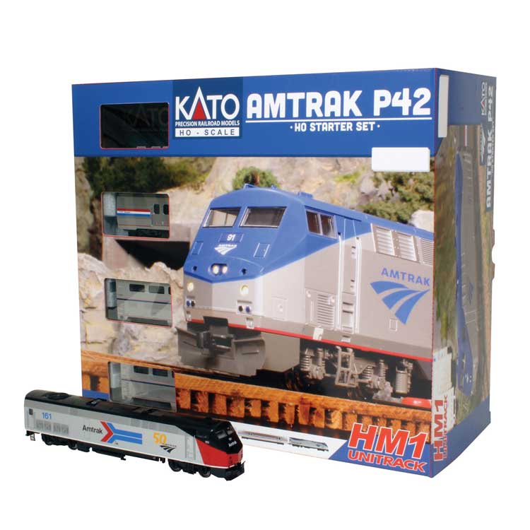 Kato HO Amtrak P42 Superliner Starter Set - Standard DC -- Amtrak #161 (50th Phase I) Viewliner Baggage, 2 Superliners, Unitrack Oval,