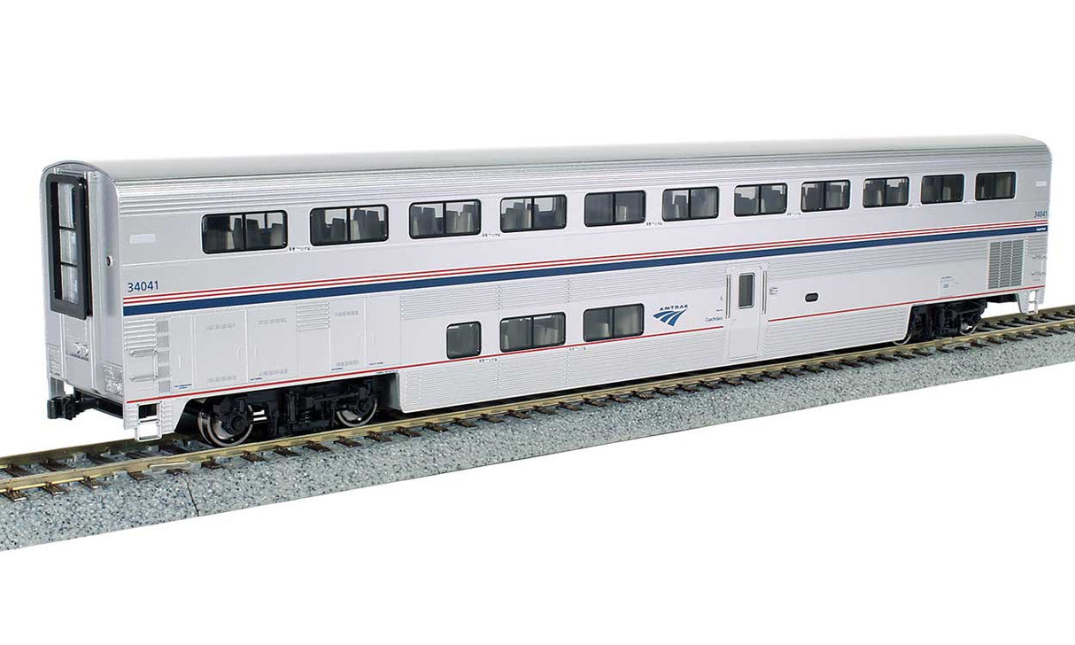 Kato HO Superliner I Coach - Ready to Run -- Amtrak #34034 (Phase VI; silver, blue, red)