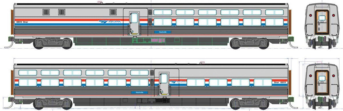Kato 35-6232-1 HO Viewliner II Diner- Lighted - Ready to Run -- Amtrak #68019 Nashville (Phase III silver; red, white, blue)