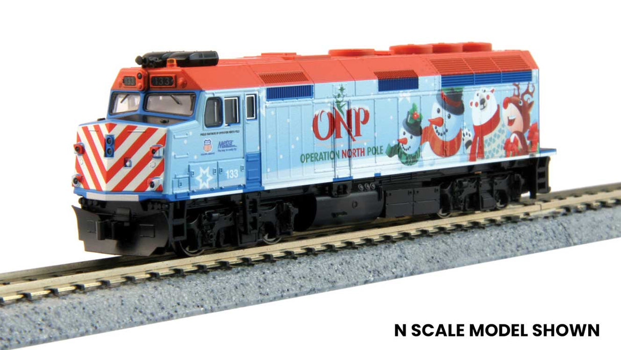 Kato HO EMD F40PH Commuter Version - DCC -- Metra #133 (Operation North Pole Christmas 2016, blue, red, white)