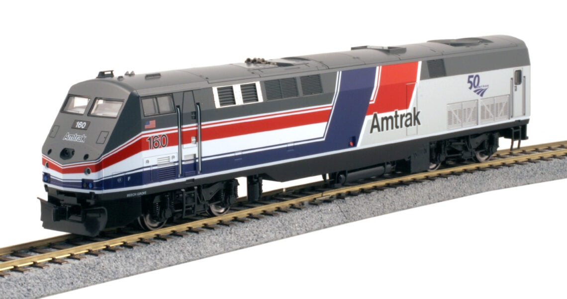 Kato 37-6116LSD HO GE P42 Genesis - Sound, DCC, Working Ditch Lights -- Amtrak (AMT) #160 (50th Anniversary, Phase III; Hockey Stick; silver, blue, red)