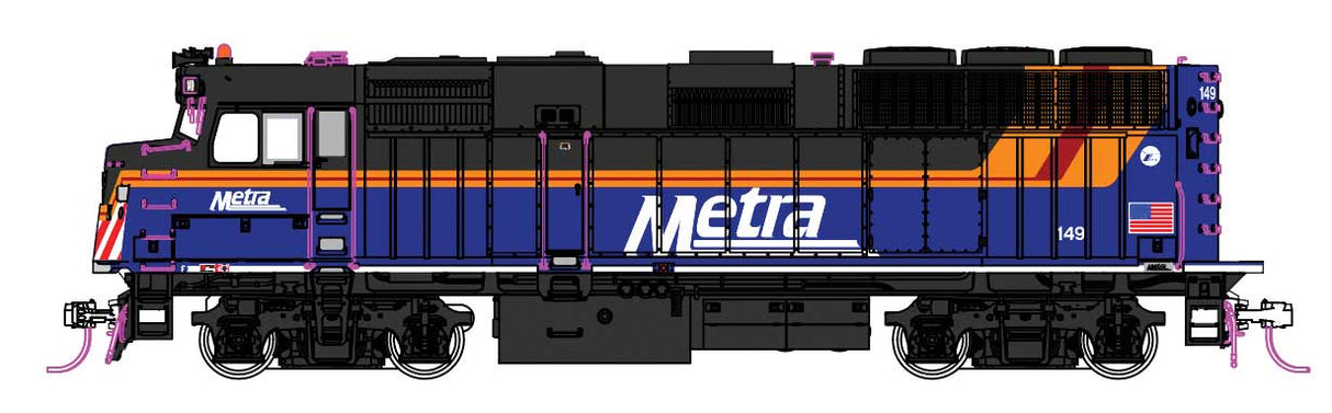 Kato HO EMD F40PH Commuter Version - Standard DC -- Chicago Metra #149 (2024 Scheme, blue, black, orange, maroon)