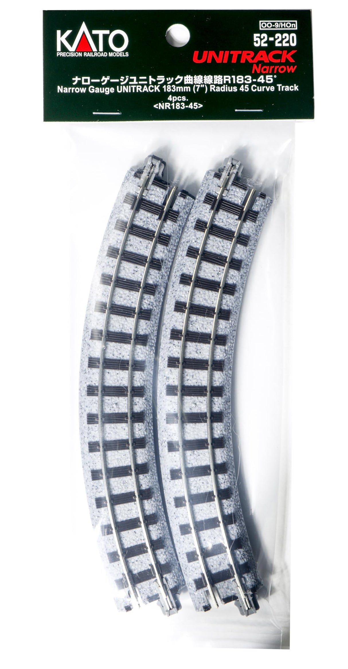 Kato 52-220 HOn30 Curved Roadbed Track Section - Unitrack -- 7" 183mm Radius, 45 Degree Sctions pkg(4)