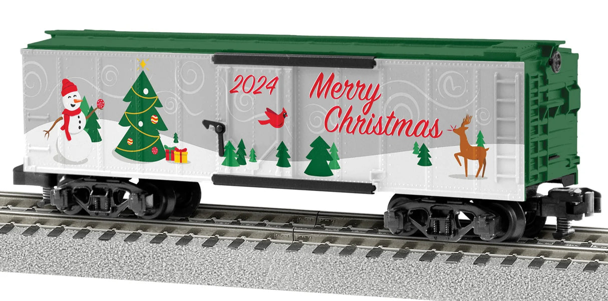 Boxcar - Ready to Run - American Flyer(R) -- Christmas 2024 (gray, white, green, red)