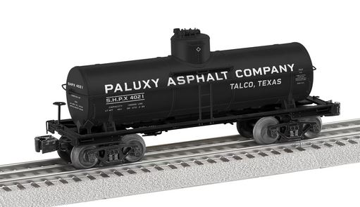 Lionel O 8,000-Gallon Tank Car - 3-Rail - Ready to Run -- Paluxy Asphalt Co. SHPX #4021 (black, white)