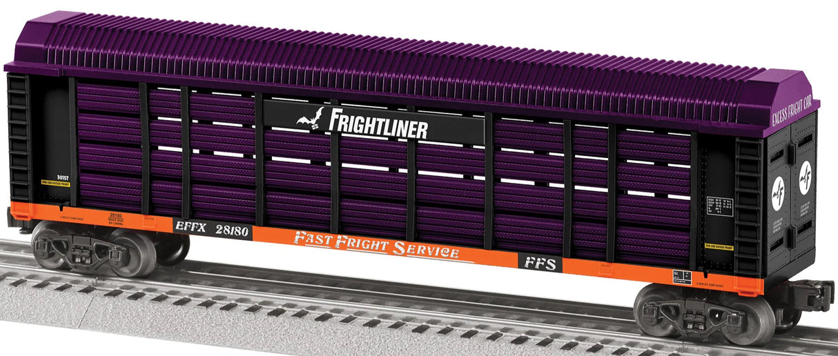 Lionel 2428180 Enclosed Auto Rack - 3-Rail - Ready to Run -- Frightliner #28180 (Halloween, purple, black, orange)