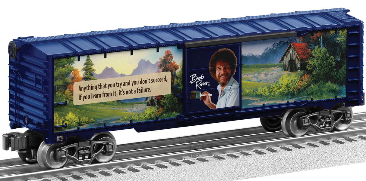 Lionel O Steel Boxcar with Sound - 3-Rail - Ready to Run -- Bob Ross Commemorative (blue, green, Plays Quotes)