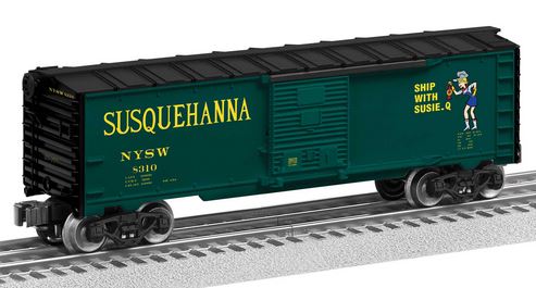 Lionel O Steel Boxcar - 3-Rail - Ready to Run -- New York, Susquehanna & Western #8310 (green, black, yellow, Susie Q Logo)