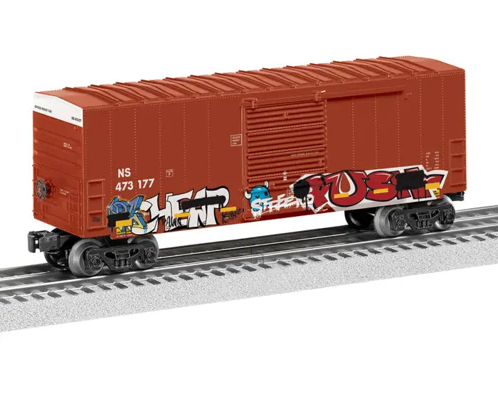 Lionel 2428370 Hi-Cube Boxcar - 3-Rail - Ready to Run -- Norfolk Southern #473177 (Boxcar Red, graffiti)