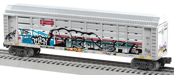 Lionel 2428390 Enclosed Auto Rack - 3-Rail - Ready to Run -- Ferromex TTGX #705176 (gray, red, silver, graffiti)
