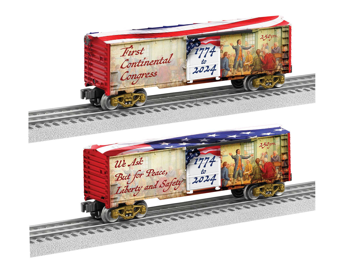 Lionel Steel Boxcar - 3-Rail - Ready to Run -- First Continental Congress 250th Anniversary (red, blue, white)