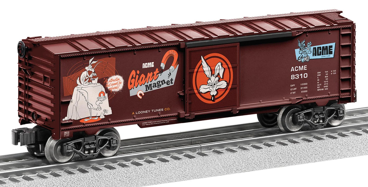 Lionel O Steel Boxcar - 3-Rail - Ready to Run -- Looney Tunes ACME #2 (Boxcar Red, orange)