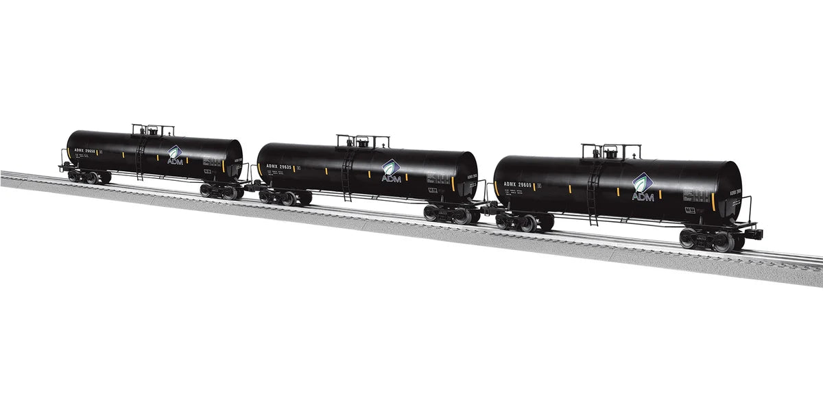Lionel O 50' Tank Car 3-Pack - 3-Rail - Ready to Run -- Archer-Daniels-Midland #29658, 29635, 29609 (black, blue, Leaf Logo)