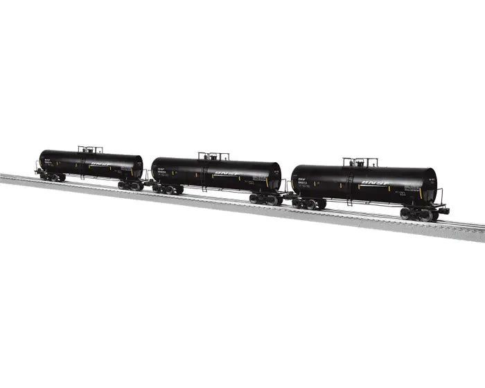 Lionel O 50' Tank Car 3-Pack - 3-Rail - Ready to Run -- BNSF Railway #880274, 880224, 880212 (black, white, yellow, Wedge Logo)