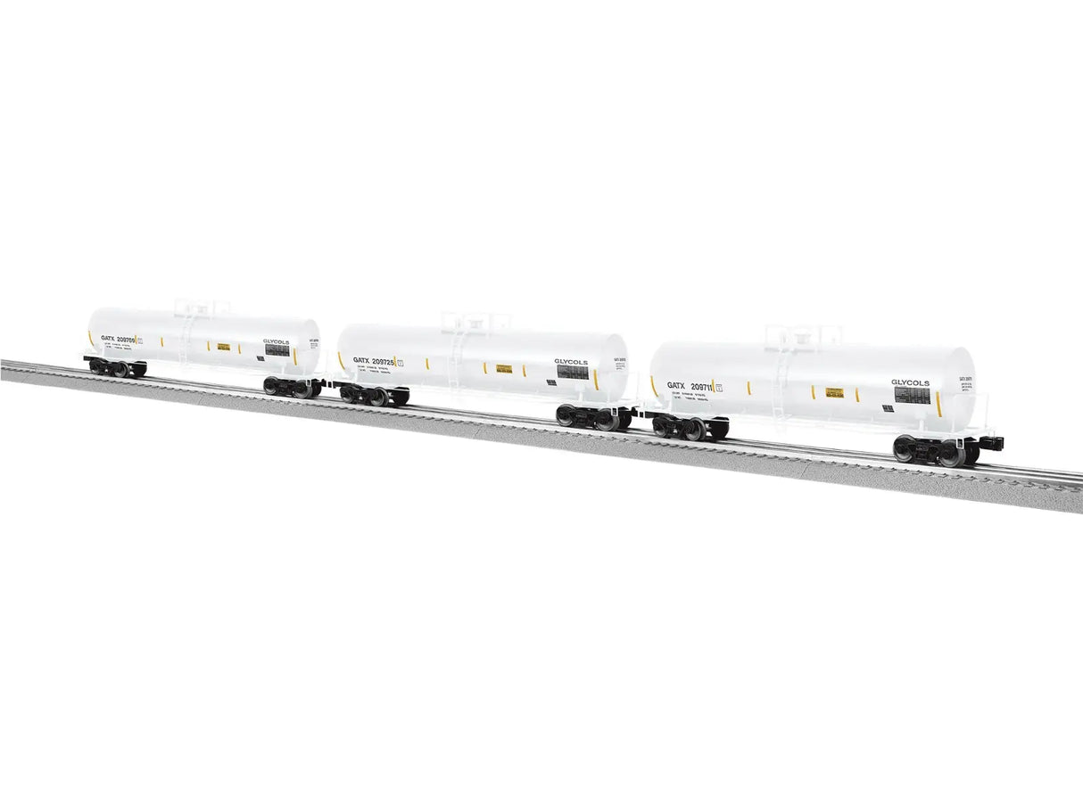 Lionel O 50' Tank Car 3-Pack - 3-Rail - Ready to Run -- GATX #209759, 209711, 209725 (white, black, yellow)