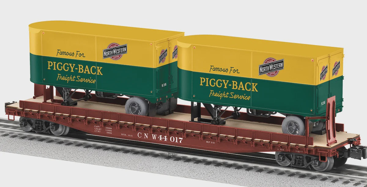 Lionel 2526370 Intermodal TOFC Flatcar w/2 Trailers - 3-Rail - Ready to Run -- Chicago & North Western #44017 (Boxcar Red, yellow & green trailers)