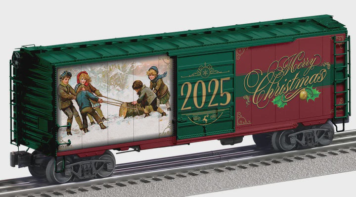 Lionel 2526690 PS-1 Boxcar with FreightSounds(R) - 3-Rail - Ready to Run -- 2025 Christmas (green, red, gold, Mural Sides)