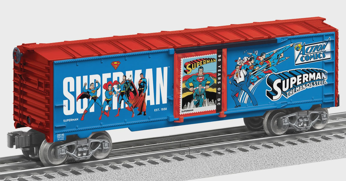 Lionel 2528140 Steel Boxcar - 3-Rail - Ready to Run -- Superman (DC Comics 90th Anniversary, blue, red, white)