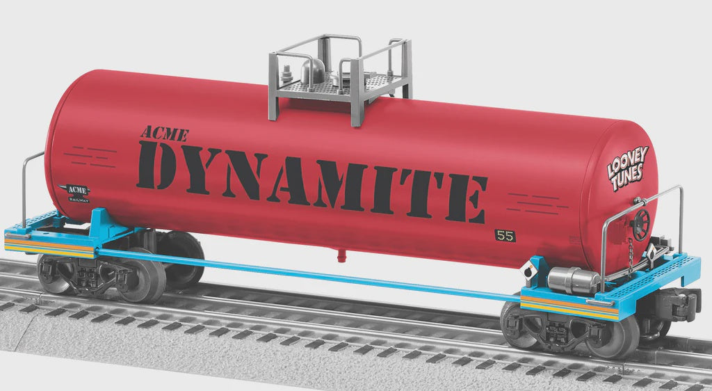 Lionel 2528570 Modern Frameless Tank Car - 3-Rail - Ready to Run -- Looney Tunes Acme Dynamite (red, black, blue)
