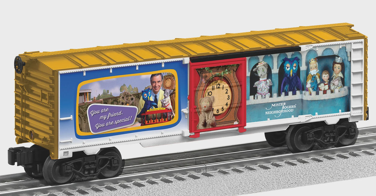 Lionel 2528600 Steel Boxcar - 3-Rail - Ready to Run -- Mister Rogers Neighborhood of Make-Believe (gold boxcar, full-color sides)