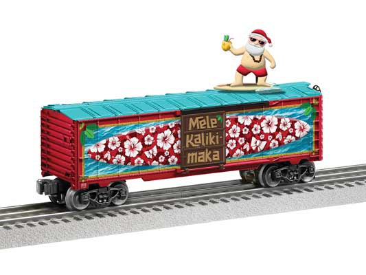 Lionel 2528720 Surfing Steel Boxcar - 3-Rail - Ready to Run - Thomas Kinkade Studios -- Surfin Santa (red, blue car w/multi-color art)
