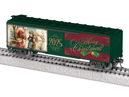 Lionel HO 2554170 40' Steel Flat-End Boxcar - Ready to Run -- 2025 Christmas (green, red, gold; Mural Sides)