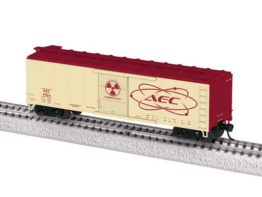 Lionel HO 40' Steel Flat-End Boxcar with Sound - Ready to Run -- Atomic Energy Commission #1954 (cream, red, Glow in the Dark)