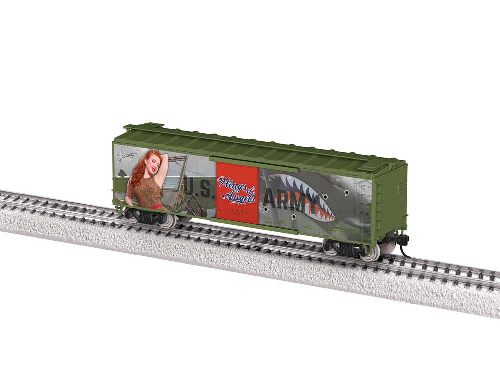 Lionel HO 40' Steel Flat-End Boxcar - Ready to Run -- Wings Of Angels Jessamyne Rose (olive, Pin-Up Girl Art)