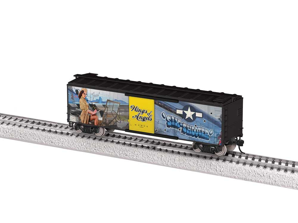 Lionel HO 40' Steel Flat-End Boxcar - Ready to Run -- Wings Of Angels Jessie Ray (black, Pin-Up Girl Art)
