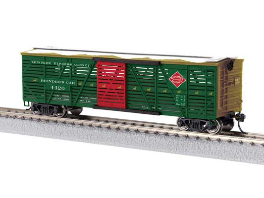 Lionel HO 40' Stock Car w/Reindeer Sounds - Ready to Run -- Reindeer Express Agency #4420 (green, red, gold)