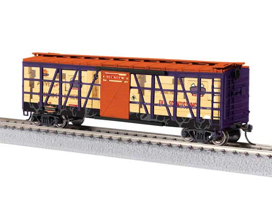 Lionel HO 40' Clear-Side Boxcar - Ready to Run -- Halloween Transport (black, purple, orange)