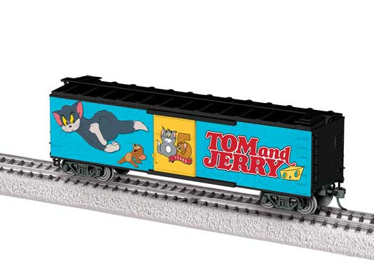 Lionel HO 40' Steel Flat-End Boxcar - Ready to Run -- Tom & Jerry (85th Anniversary blue, red, yellow)