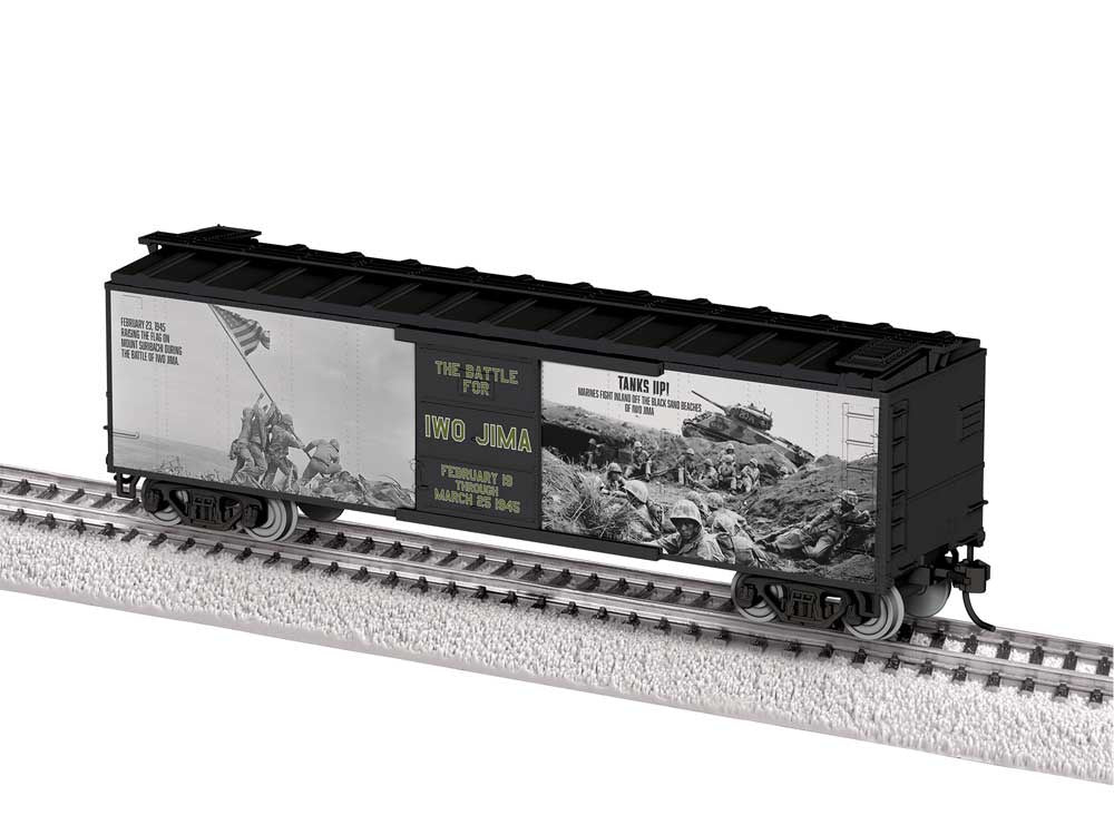 Lionel HO 40' Steel Flat-End Boxcar - Ready to Run -- WWII Iwo Jima 80th Anniversary (black, white, gray)