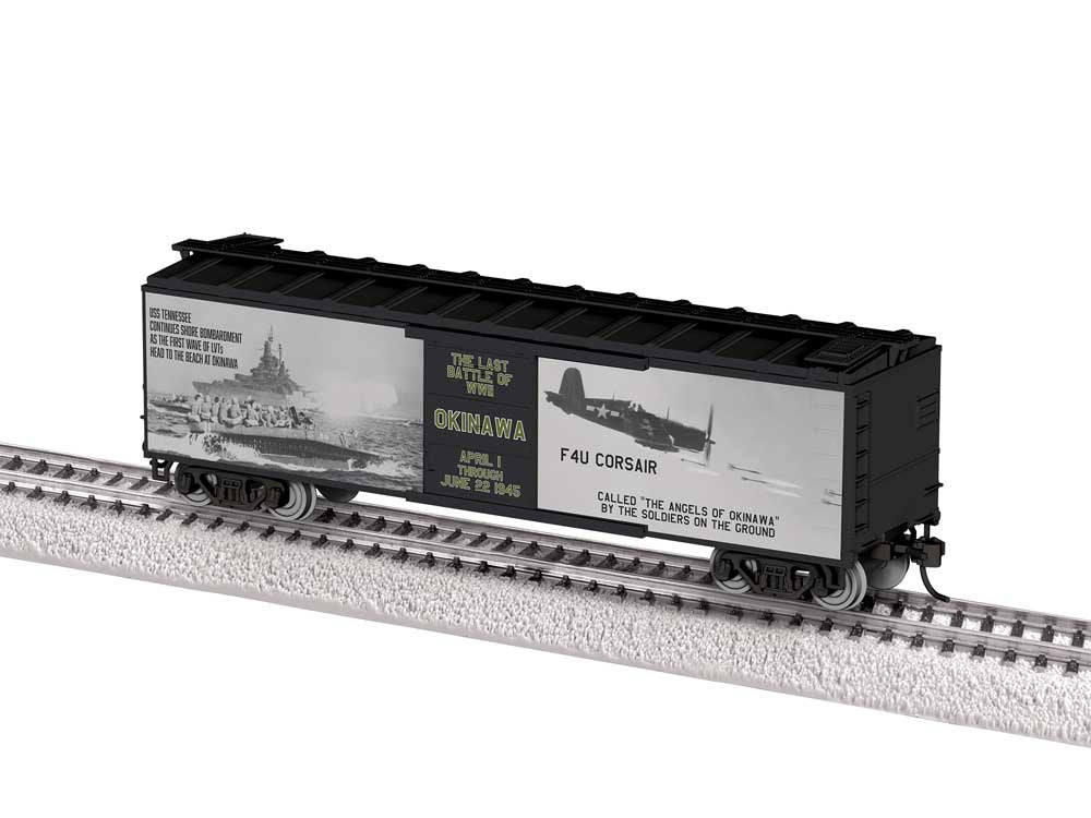 Lionel HO 40' Steel Flat-End Boxcar - Ready to Run -- WWII Okinawa 80th Anniversary (black, white, gray)