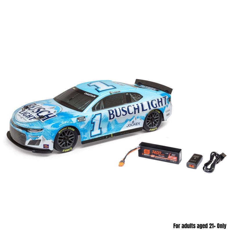 Losi 1/12 NASCAR RC Racecar Ross Chastain No. 1 2025 Busch Light Chevrolet Camaro ZL1 2S AWD RTR Brushed On-Road (Battery & Charger Included), Blue