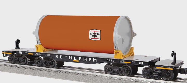 Lionel 2526190 8-Axle Heavy-Duty Flatcar w/Canister Load - 3-Rail - Ready to Run -- Bethlehem Steel #6190 (black, gray)
