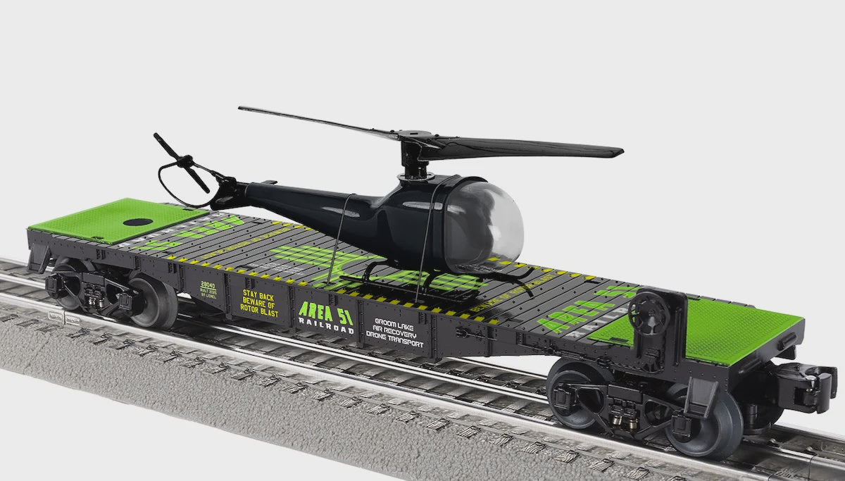 Lionel 2528040 Flatcar w/Partol Helicopter Load - 3-Rail - Ready to Run -- Area 51 #28040 (black, green)
