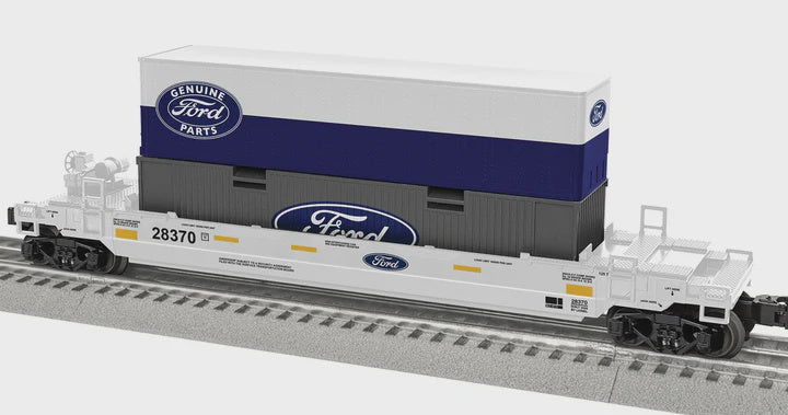 Lionel 2528370 Maxi-Stack Well Car with 2 Containers - 3-Rail - Ready to Run -- Ford #28370 (white, blue)