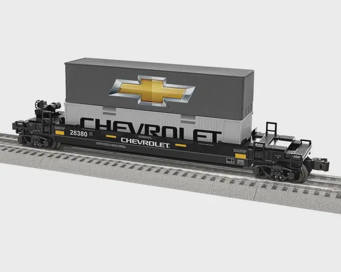 Lionel 2528380 Maxi-Stack Well Car with 2 Containers - 3-Rail - Ready to Run -- Chevrolet #28380 (black, white, gold)