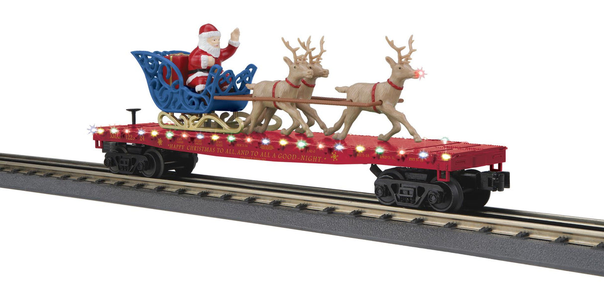 MTH 30-76946 O North Pole Flatcar w/Lights Santa Sleigh & Reindeer/maroon