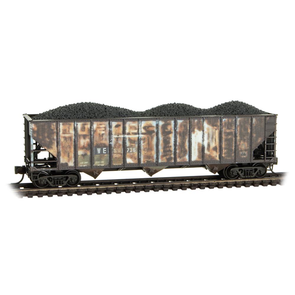 Micro-Trains by Atlas N-Scale 100-Ton 3-Bay Open Hopper Rib Sides w/Coal Load 2-Pack Set - Ready to Run – Wheeling & Lake Erie (WLE) #3526, #50736 (black, weathered)