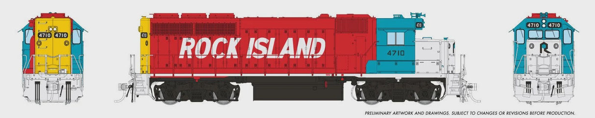 Rapido Trains HO EMD GP40 (DC/Silent): Rock Island (RI) - Maroon & Blue: #4710