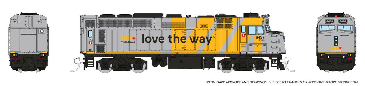 Rapido N Rebuilt GMD F40PH-2D - Sound and DCC -- VIA Rail Canada #6437 (Love the Way Wrap, gray, yellow, black)