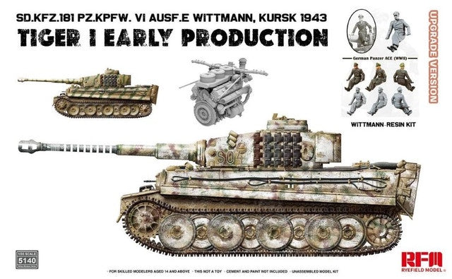 German Tiger I Early Production SdKfz 181 PzKpfw VI Ausf E Kursk 1943 Tank w/Engine & Wittman Resin Figure 1/35 Rye Field Models